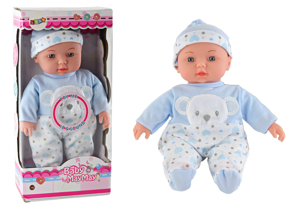 Babypuppe, blauer Pyjama mit Teddybär, Mütze, Geräuschen