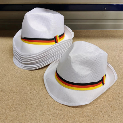 Restposten 48 Stück Fedora Hut Weiß Schwartz, Rot, Gelb Band Deutschland Band