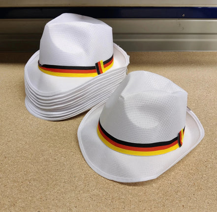 Restposten 48 Stück Fedora Hut Weiß Schwartz, Rot, Gelb Band Deutschland Band
