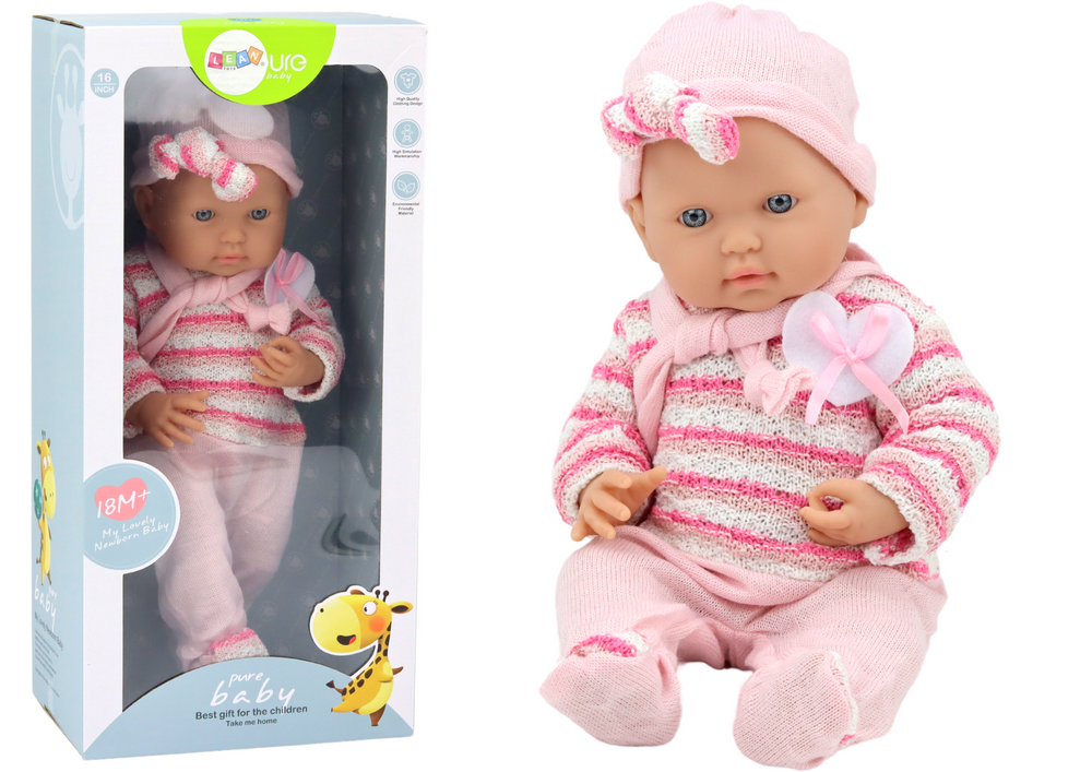 Babypuppe, gestreifter Pullover, Mütze, Schal, rosa